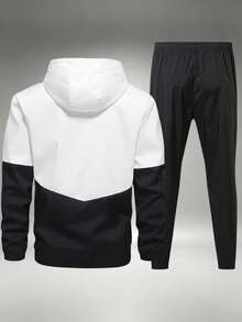 1 Set Men's Autumn Colorblock Sports Outfit, Zip-Up Hooded Jacket + Joggers, Casual Street Style - Black - View 7