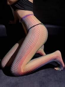 1 Pair Women 2 Styles Rainbow Gradient Fishnet Tights, Y2K Colorful Sheer Mesh High Waist Pantyhose Sexy Stretch Stockings For Club Party Night Out - Multicolor - View 9