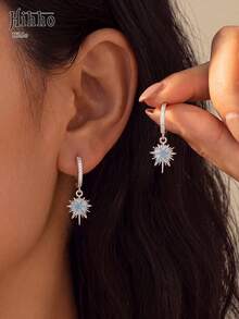 Hihho 2pcs Blue Turquoise 8-Point Star With Sparkling Silver/Gold Ear Clips, Eye-Catching Earrings For Beach Vacation, Travel And Photography - Eight-pointed Star - View 4