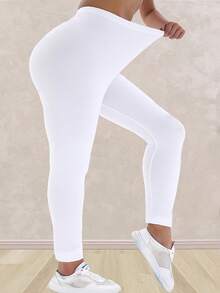 3 pcs Legging Panjang Putih Ukuran Plus, Kain Lembut Elastis Tinggi, Potongan Pendek, Pas Ramping, Tidak Ketat - Putih - View 8