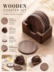 1pc Black Walnut Wood Coaster / 1 Set Coaster Set, Round Wooden Beverage Coasters, Suitable For Coffee Cups, Tea Cups And Glassware, Rustic Minimalist Desktop Decor For Kitchen, Restaurant, Office And Home - walnut color - View 3