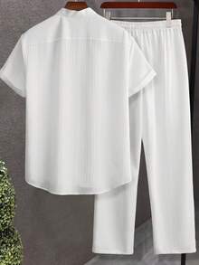 YUNCHIC Summer Ice Silk Textured White Stand Collar Short Sleeve Set Men's Lightweight Breathable Casual 2 Pieces Outfit Vacation Commute Draped Long Pants - White - View 7