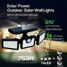 Lampu Sorot Sensor Gerak Bertenaga Surya LED 74/100, 3 Kepala Lampu Keamanan, Bertenaga Surya, Cocok untuk Garasi, Pintu Masuk Halaman, Teras, Tahan Air IP65 - Hitam - View 1