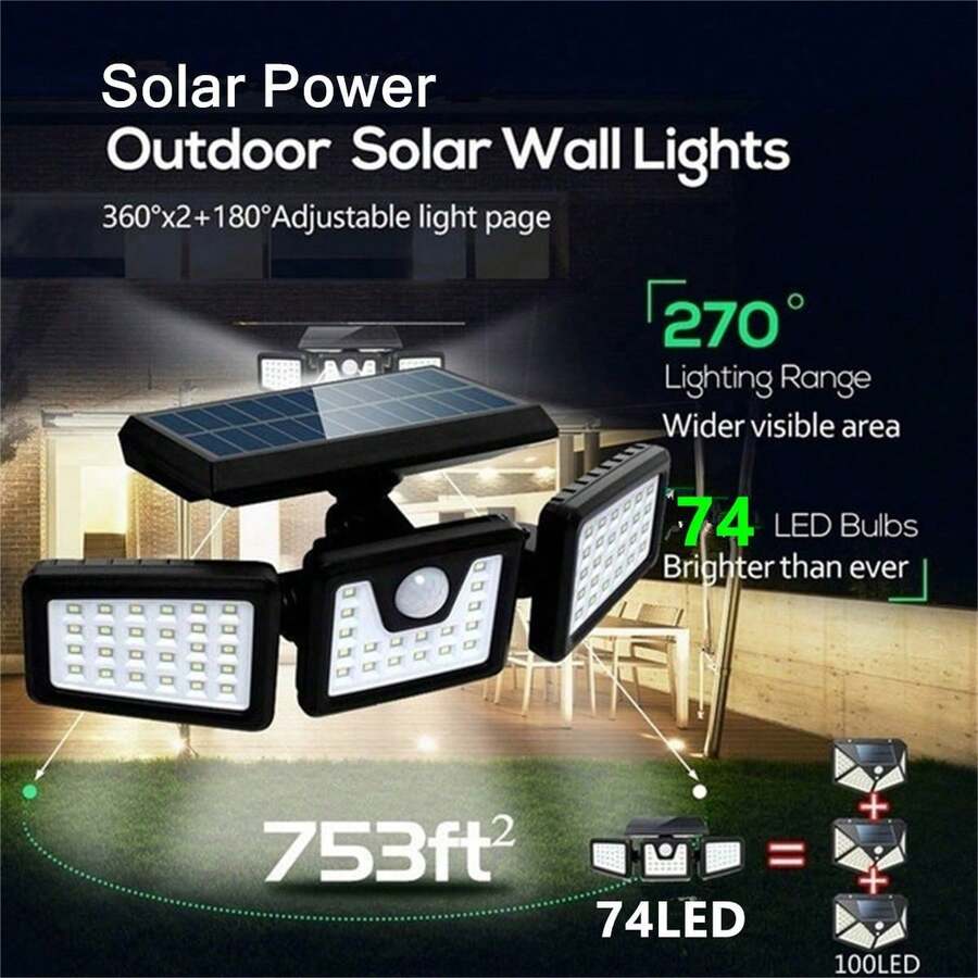 Lampu Sorot Sensor Gerak Bertenaga Surya LED 74/100, 3 Kepala Lampu Keamanan, Bertenaga Surya, Cocok untuk Garasi, Pintu Masuk Halaman, Teras, Tahan Air IP65 - Hitam - View 1