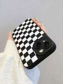 Checkered Phone Case, Checkerboard Phone Case, 360 Degree Protection, Lens Protection Matte TPU Frosted Phone Case Compatible With Iphone&Galaxy,IPhone16 - Black and White - View 11