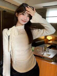 Women's Spring New Premium Lace Fitted Long Sleeve T-Shirt, Unique Elegant Base Layer Top - White - View 3