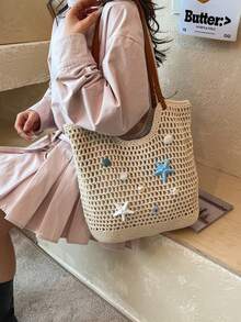 Dedoo 可愛海星貝殼鉤針鏤空托特包，女款夏季沙灘草編手提包，大容量，校園背包，大學校園 - 米色 - 查看 5