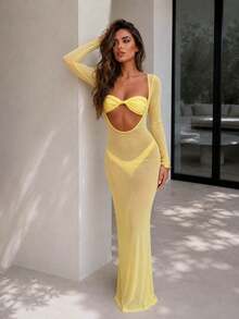 Women's Summer Beach Solid Color Bandeau Sexy Fashion Bikini Two-Piece Swimsuit Set With Cover-Up Dress - Yellow - View 2