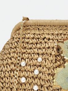 Dedoo 花卉刺繡編織草編手拿包，珍珠裝飾金屬鍊條復古夏季斜挎女包，適合海灘派對度假 - 卡其色 - 查看 8