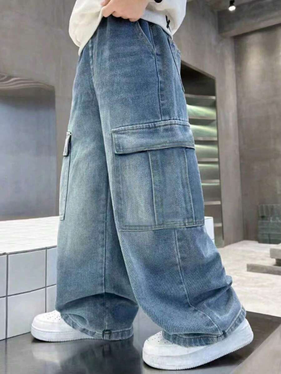Tween Boy Multi-Functional Fashion Cargo Loose Wide Leg Denim Jeans - Blue - View 1