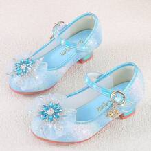 1 Pair New Rhinestone Bow Girls' Leather High Heel Princess Shoes, Fashionable Sequin Blue Shoes For Party, Wedding, Princess Dress - Blue - View 9