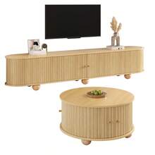 Coffee Table And TV Unit Set, Round Coffee Table With Curved TV Unit, Surrounding Vertical Relief Structure, Sliding Doors, MDF Body, Metal Handles, Spherical Metal Legs, Versatile Storage Space. - 天然纖維+中密度纖維板 - 查看 11
