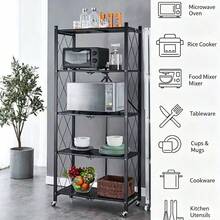 71*34*160cm 5-Tier No-Assembly Foldable Metal Storage Rack With Rolling Wheels For Kitchen Microwave Storage - Multicolor - View 6