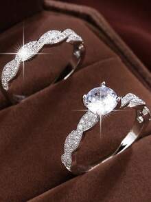 1 buah Set Cincin Berlian Perak Berpilin Romantis untuk Pasangan, Cincin Jari Dekoratif Niche - JZ22202 - View 1