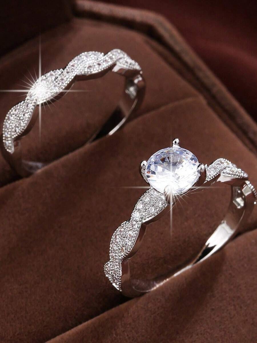 1 buah Set Cincin Berlian Perak Berpilin Romantis untuk Pasangan, Cincin Jari Dekoratif Niche - JZ22202 - View 1