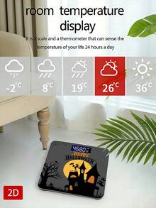 1pc 2D Flat Grey Halloween Digital Bathroom Scale, Haunted House Witch Silhouette Full Moon Ghost Bat Spider Web Tombstone Tree Print, Max Capacity 400lbs/180kg, Tempered Glass Surface, Uses AAA Batteries (Not Included) - View 6
