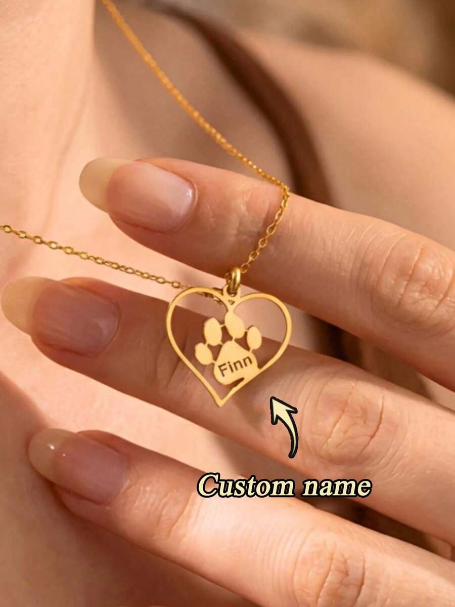 1pc Custom Paw Print Heart Name Stainless Steel Necklace, Paw Print Necklace, Pet Commemorative Necklace, Pet Souvenir, Gifts For Dog Lovers, Cat Lovers, Pet Bracelet Gifts For Mom, Cute Heart Paw Print Ornaments, Custom Pet Name Necklaces, Everyday Versatile Necklaces, Mother's Day Gifts, Personalized Anniversary Gifts, Birthday Gifts For Her