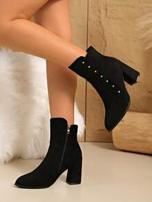 Women's Side Zipper Chunky Heel Chelsea Boots, Fashion Studs Decor, Comfortable Chunky Heel Height-Increasing Slimming Ankle Boots - Brown - View 7