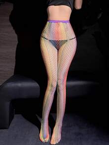 1 Pair Women 2 Styles Rainbow Gradient Fishnet Tights, Y2K Colorful Sheer Mesh High Waist Pantyhose Sexy Stretch Stockings For Club Party Night Out - Multicolor - View 3