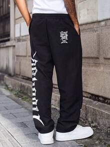 MAISONFOX Men's Letter Print Drawstring Waist Straight Leg Long Casual Pants, Suitable For Outings, Electronic Music Parties, Back To School, Sports, Fitness, Autumn Wear - Black - View 2