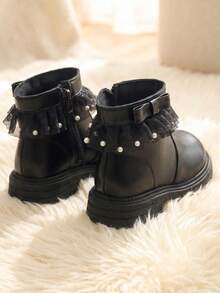 1 Pair 2026 New Girls' Mesh Pearl Ankle Boots, Bow Side Zipper Thick Sole Design, Sweet Fairy Princess Style, Suitable For Autumn/Winter Outings And Dress Matching - Black - View 6