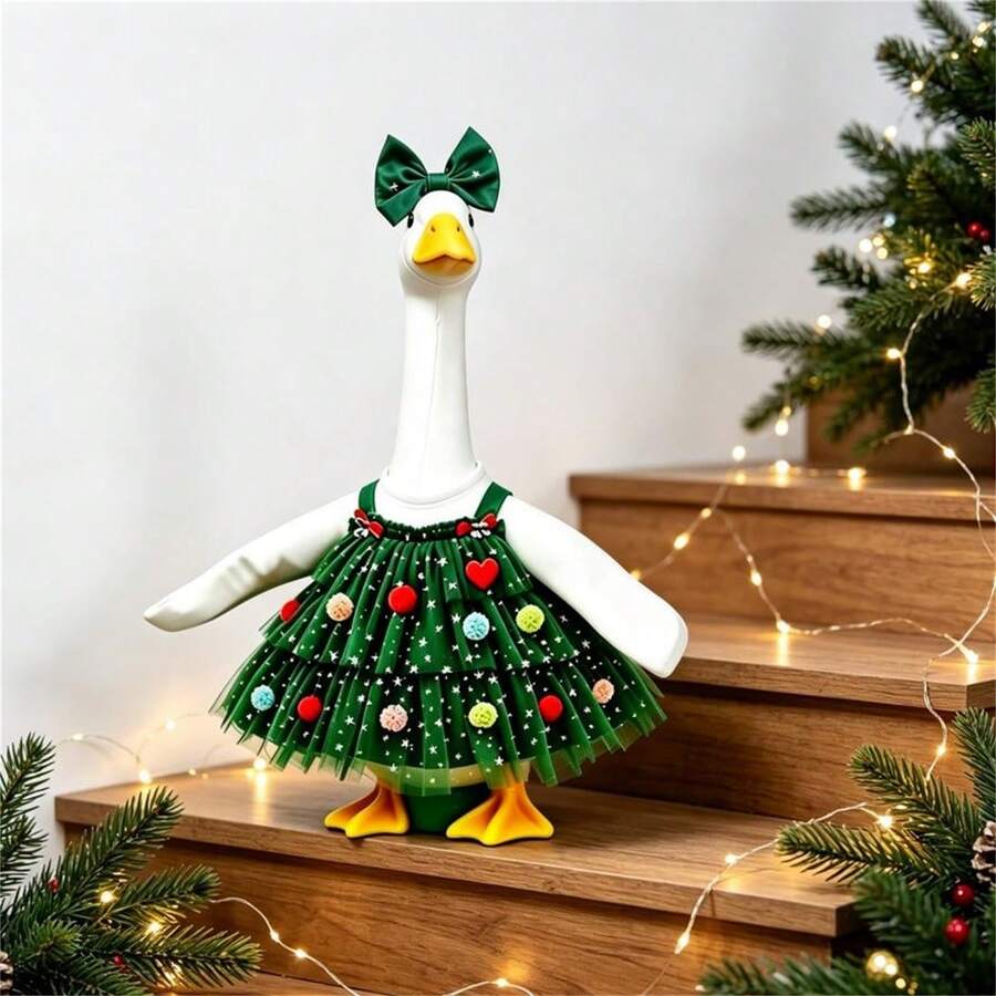 Christmas Tree Porch Goose Outfit Dress With Headband For 23 In Lawn Statue - 綠色 - 查看 1