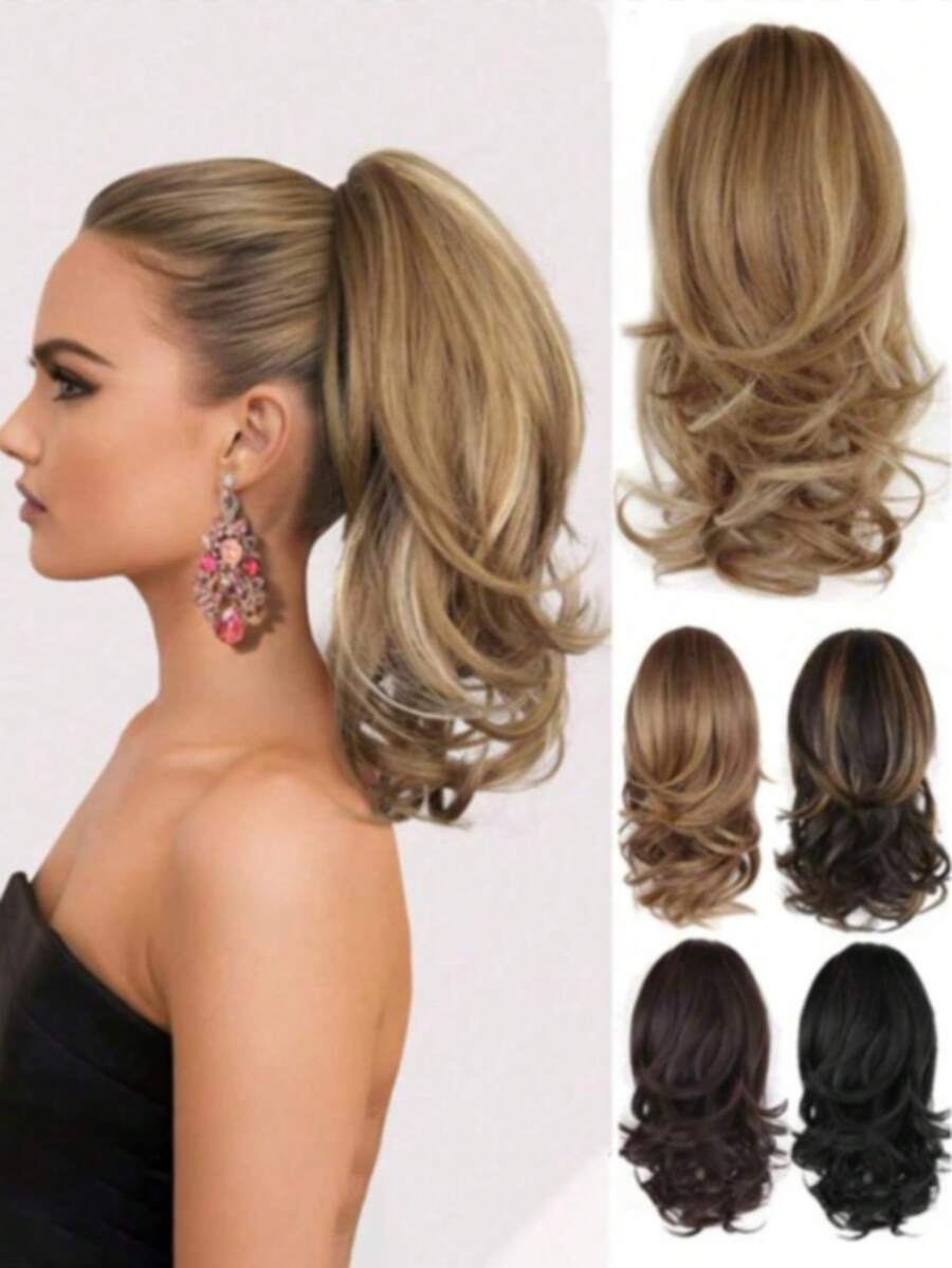 Ekstensi Rambut Sintetis Panjang Keriting Bergelombang Besar Model Jepit untuk Wanita Eropa & Amerika, Rambut Ekor Kuda Pendek yang Mengembang dan Tampak Alami - MultiWarna - View 1