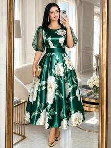 SHEIN Lady CURVE Plus Size Round Neck Raglan Petal Sleeve Summer Elegant Floral Print Dress Olive Green Birthday Evening Wedding Evening Evening Bride Vacation - Green - View 3