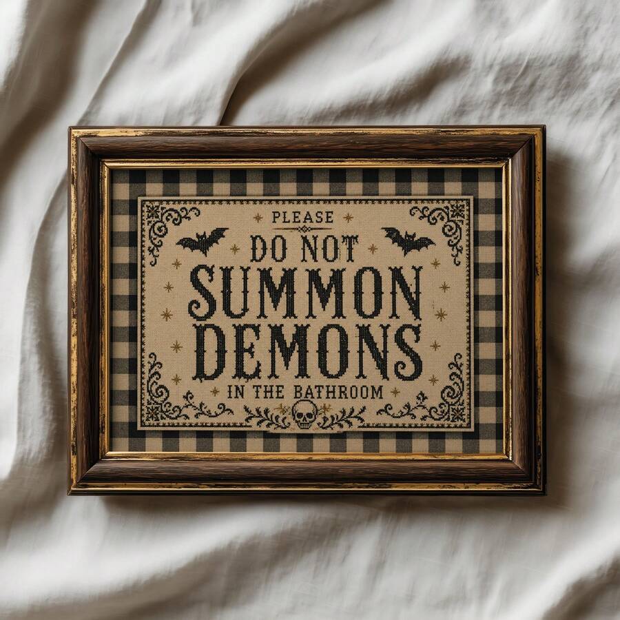 "Please Do Not Summon Demons In The Bathroom" Print – Vintage-Style Halloween Wall Art | Fun Gothic Bathroom Sign (Unframed) - A - View 1