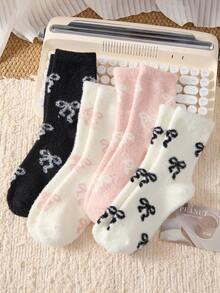 4/2 Pairs Soft Cute Bow Pattern Mink Fur Mid-Calf Socks, Non-Slip Comfortable Warm, Suitable For Autumn/Winter - Multicolor - View 4