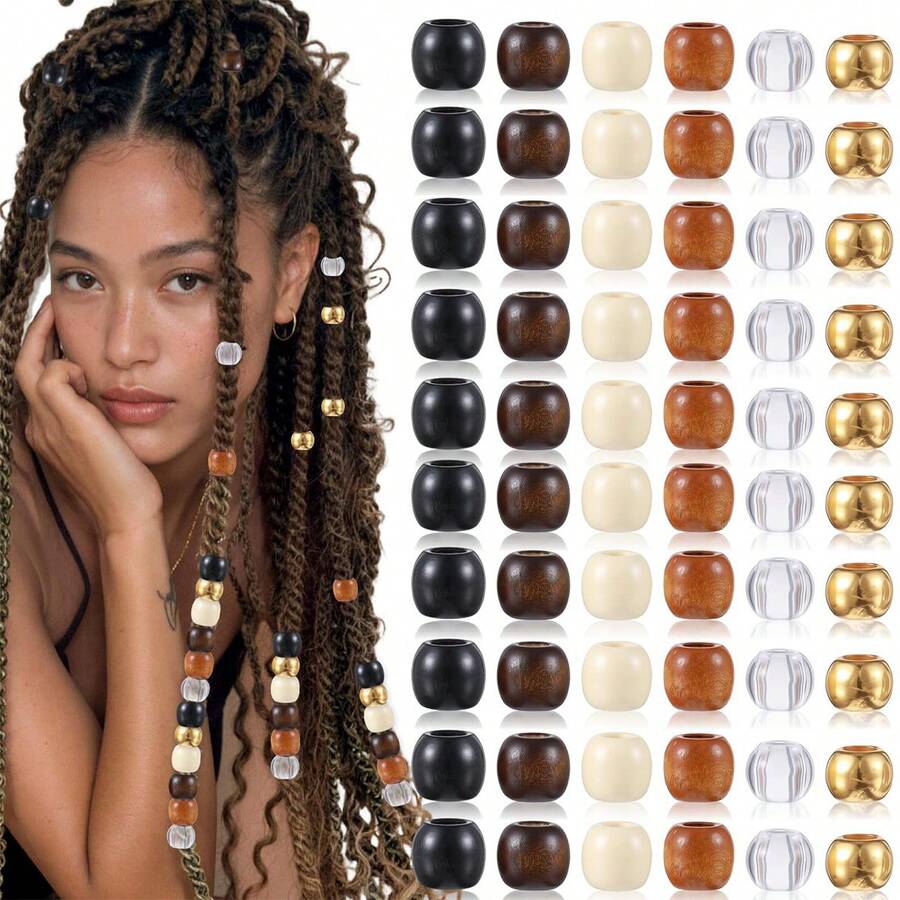 60pcs Assorted Colorful Wooden Beads Acrylic Beads For Handmade DIY Hair Accessories Dreadlocks - Multicolor - View 1