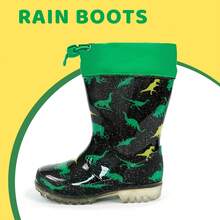 HSYAAMOO Boys' Black Glitter Dinosaur Print Drawstring Cuff Rain Boots, Transparent Thick Sole Non-Slip Rubber Mid-Calf Waterproof Rubber Shoes For Outdoor Water Play - Dark Green - View 3
