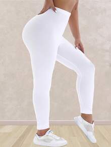 3 pcs Legging Panjang Putih Ukuran Plus, Kain Lembut Elastis Tinggi, Potongan Pendek, Pas Ramping, Tidak Ketat - Putih - View 6