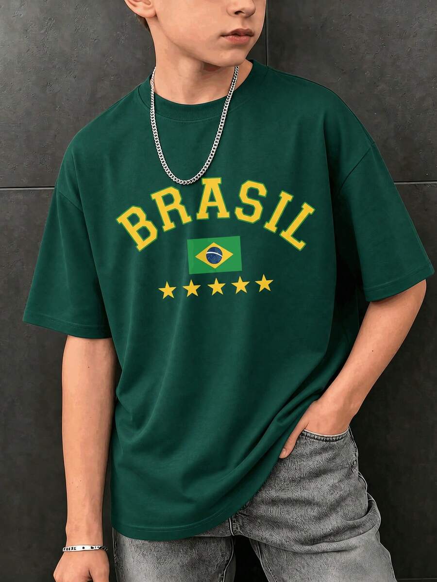 1件青少年男孩夏季巴西國旗 BRASIL 字母印花短袖T恤,酷足球運動風圓領上衣,深綠色舒適百搭校園休閒熱門襯衫 - 墨綠色 - 查看 1