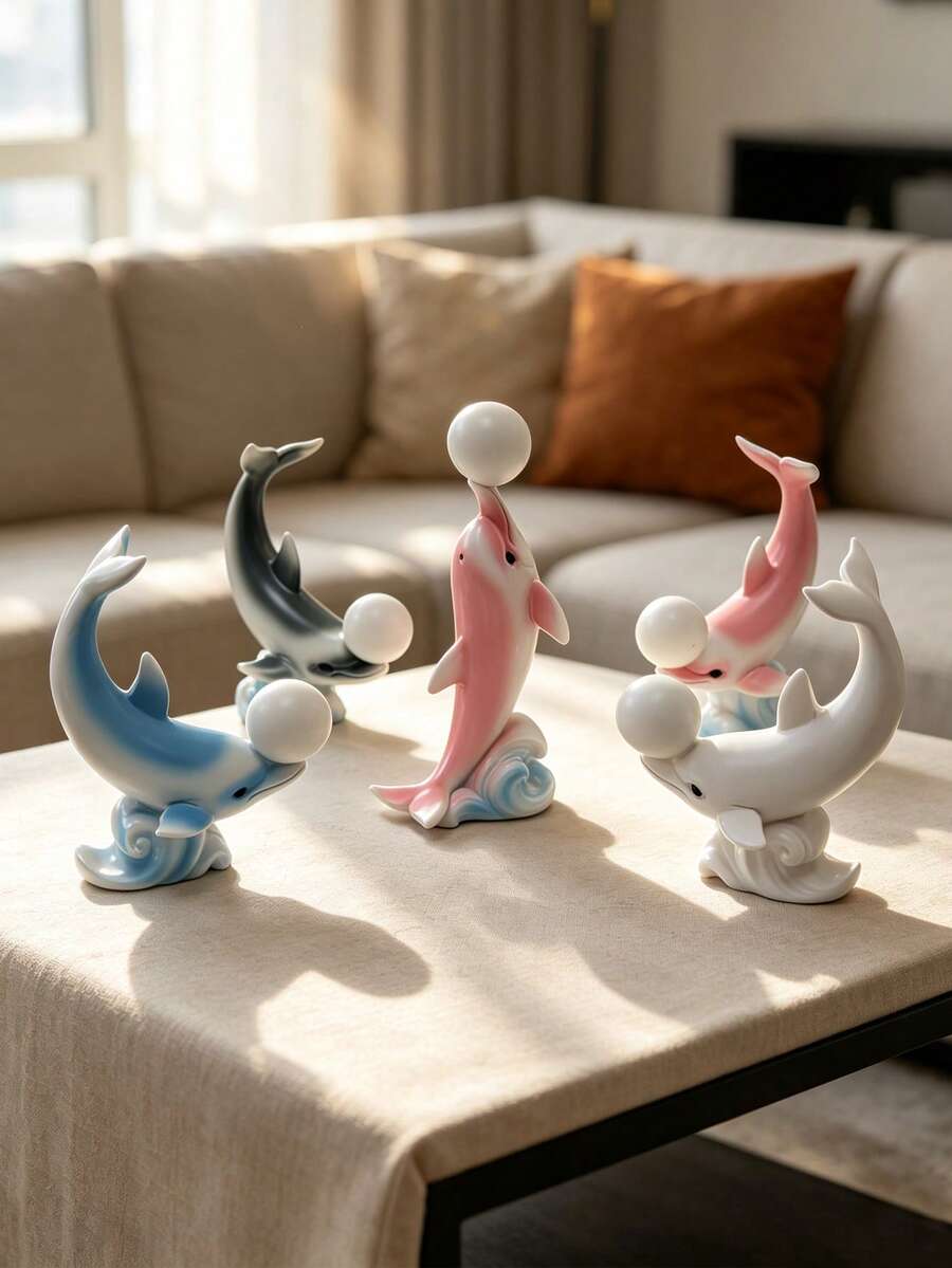1Pc Cute Dolphin Playing Ball Resin Figurine With Gradient Colors – Tabletop Shelf Decor, Ocean-Themed Bedroom Soft Furnishing, Decorative Ornament. - New Arrival - Lying Dolphin - View 1