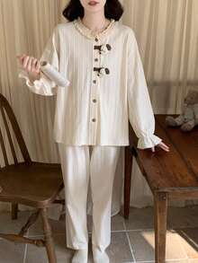 2pcs/Set Women's Pajamas Loungewear Set, Cute Puppy Pendant Solid Color Cardigan Round Neck Long Sleeve Pants, Easy Care Fabric - Champagne - View 5
