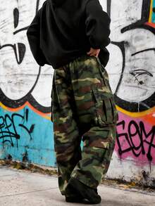 Men's Camouflage Cargo Pants, Loose Wide Leg, Streetwear Style, Relaxed Fit, Tactical Military Style, Multi-Pocket Practical Long Pants - Army Green - View 4