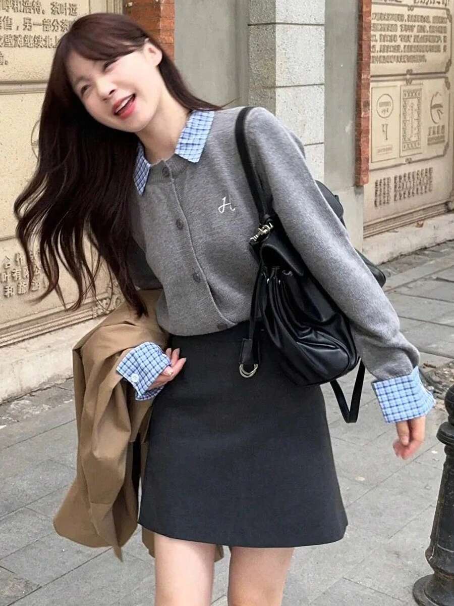 Korean Style Academy Patchwork 2 In 1 Knit Cardigan - Grey - View 1