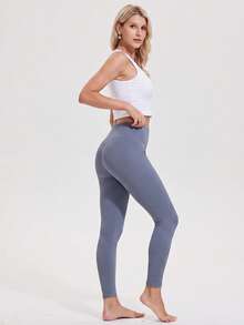 KyrLssu Women High Waist Seamless Ribbed Waistband Leggings, Solid Tummy Control Stretch Yoga Fitness Ankle Pants - Ash Blue - View 3