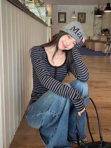 女款條紋鈕扣長袖T恤 2026早秋新款 修身顯瘦打底上衣 - 灰色 - 查看 3
