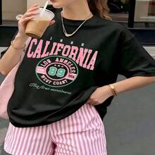 Casual Crewneck, Cat Squad, 100% Cotton, Oversized, Soft Breathable, Short Sleeve Top, Kawaii, Summer Vibes, Cat Lovers, Streetwear - 黑色 - 查看 7