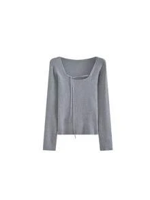 Korean Chic Spring Elegant Square Neck Tie-Up Slim Fit Long Sleeve Knit Sweater - Dark Grey - View 2
