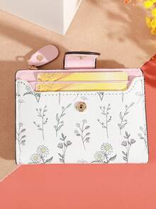 Casual Leaf Hardware Button Small Bi-Fold Wallet | Faux Leather, Mixed Colors, Flip Pocket, Polyester Lined, Snap Closed, Lightweight - Pink - View 5