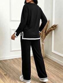 Women's Casual Black 2 Pieces Set, Round Neck Top With Side Stripe Detail, Medium Stretch - Black - View 5