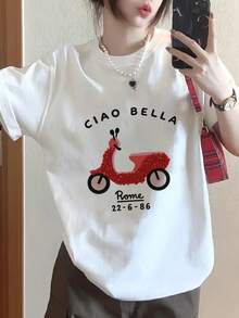 Kaos Wanita Kasual Longgar Leher Bulat Lengan Pendek Motif Huruf & Mobil, Serbaguna untuk Musim Semi/Panas, Warna Putih - Putih - View 1