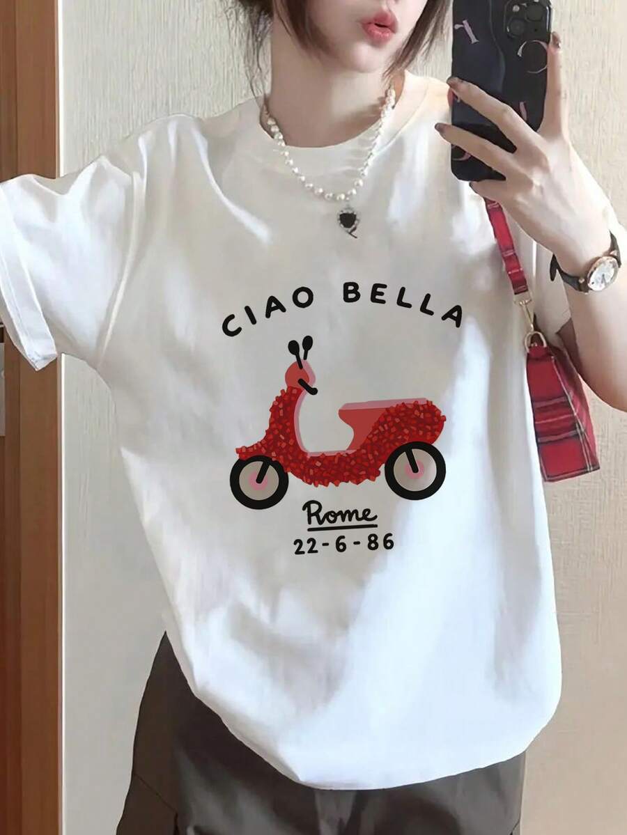 Women's Fashion Casual Loose Fit Round Neck Letter & Car Print Short Sleeve T-Shirt, Versatile For Spring/Summer White - White - View 1