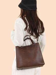 Women's Tote Bag, Solid Color, Soft Textured PU Leather, Large Capacity, Multi-Layer Storage, Campus Backpack, Suitable For University Campus - Brown - View 5