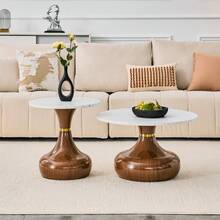 Set Of 2 Coffee Tables From The Sanduhr Series With Distinctive Conical Shape, Melamine Tabletop With Wood Look + Cream Colored Metal Base, Space Saving And Stackable, Ideal For Living Room, Bedroom And Office. - White+Walnut + Metal - View 7