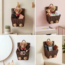 1pc Woven Rope Storage Basket, Teddy Bear Toy Storage Bin, Bedroom Decor Laundry Basket, Rectangular Handmade Plush Bow Handle, Wicker Brown Home Storage Bucket, Gift - Multicolor - View 7