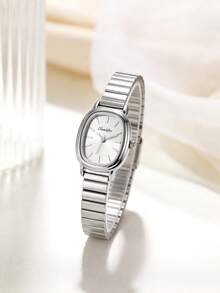 1 PC Retro Oval Women's Jewelry Quartz Watch, Alloy Case, Gold And Silver Alloy Strap, Light Luxury And Simple Commuting Women's Watch - Silver - View 1
